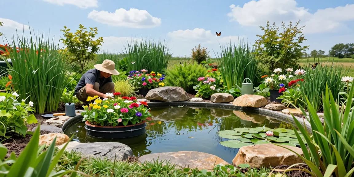 Buy Marginal Pond Plants while tending to vibrant blooms in a serene pond setting.