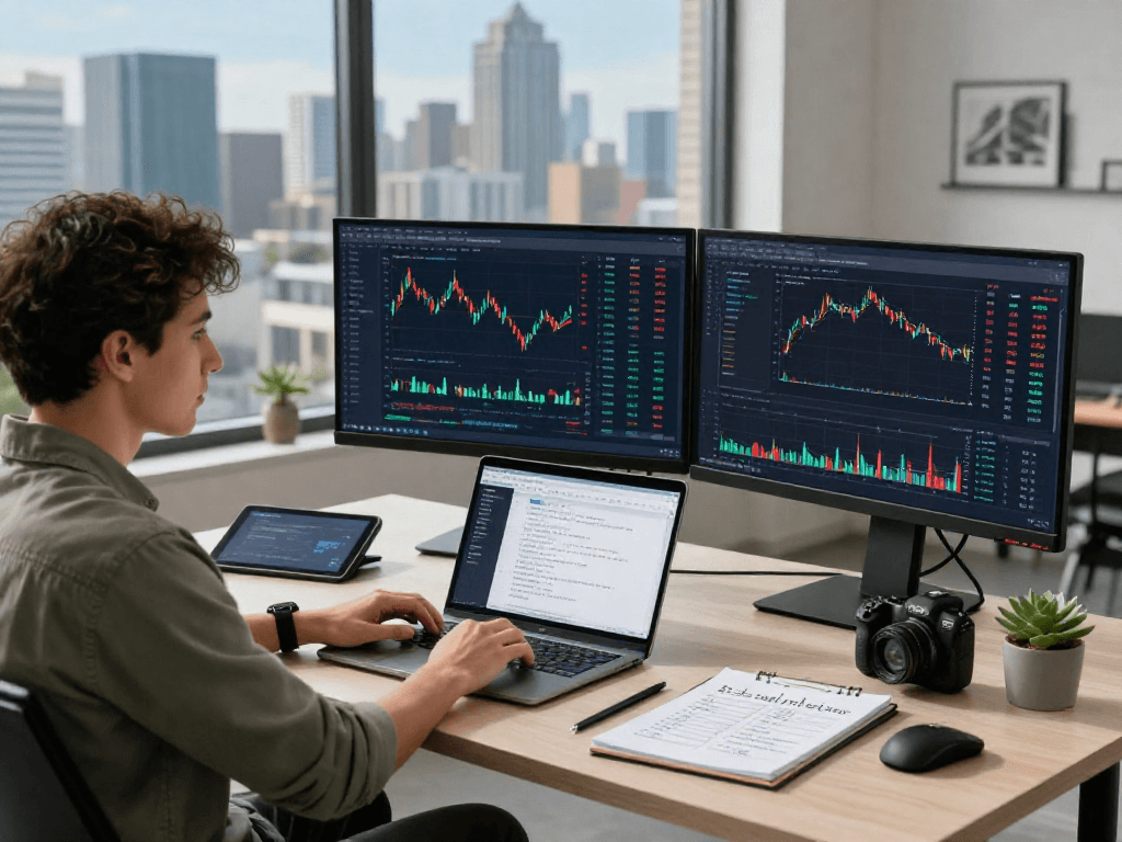 Developer utilizing US stock WebSocket API in a dynamic fintech workspace, showcasing market data.