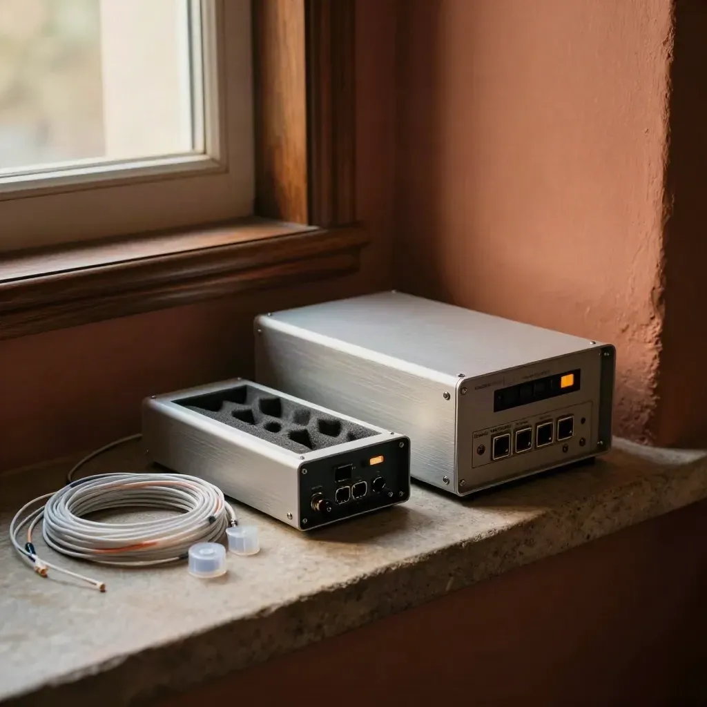 Fiber service kit on a stone shelf with leads, dust caps, and a compact appliance.