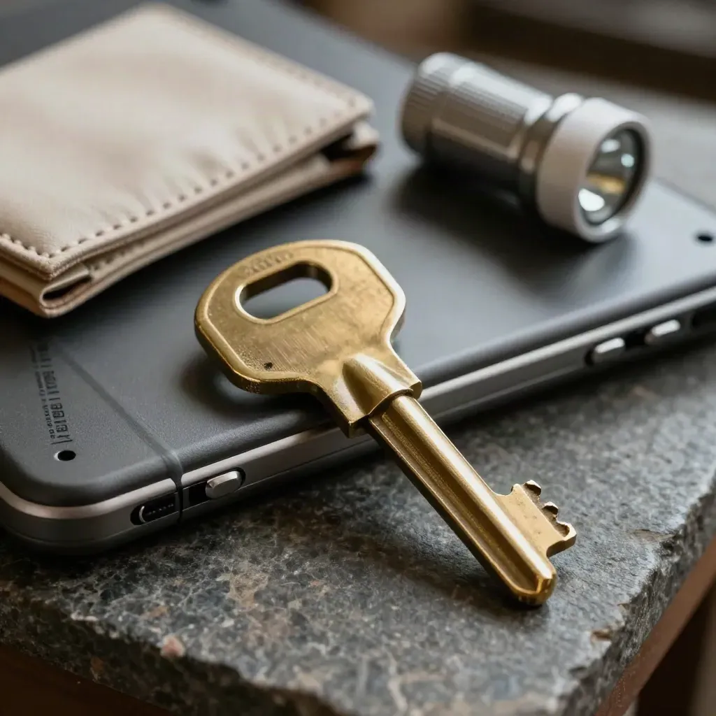 Macro of fiber project tools on a dark stone bench: tablet case, brass rack key, pouch and flashlight.