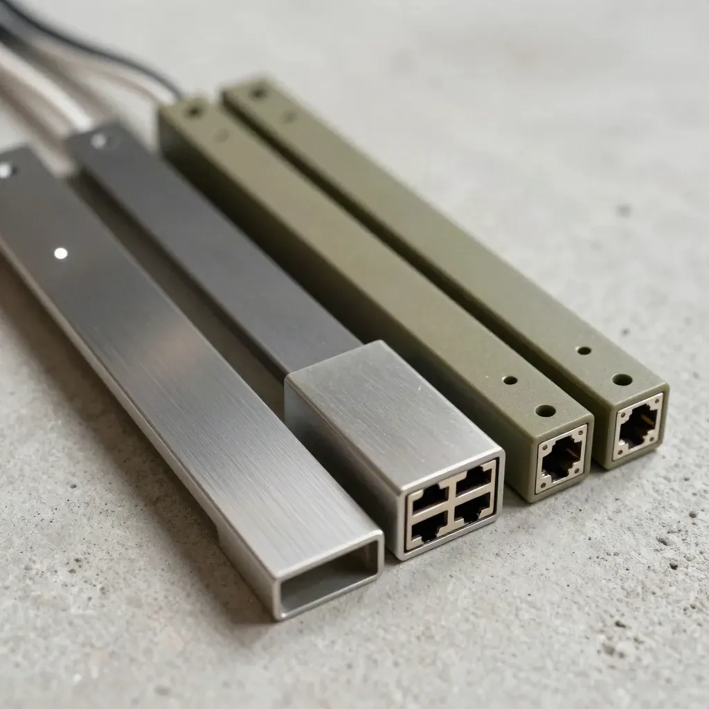 Top-down fiber network parts on pale concrete with silver details