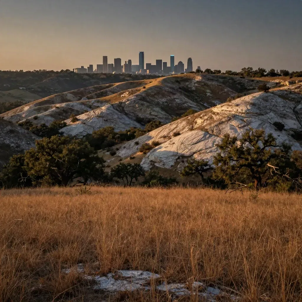 Hazy late-afternoon Central Texas hills with tiny Austin skyline over live oaks.