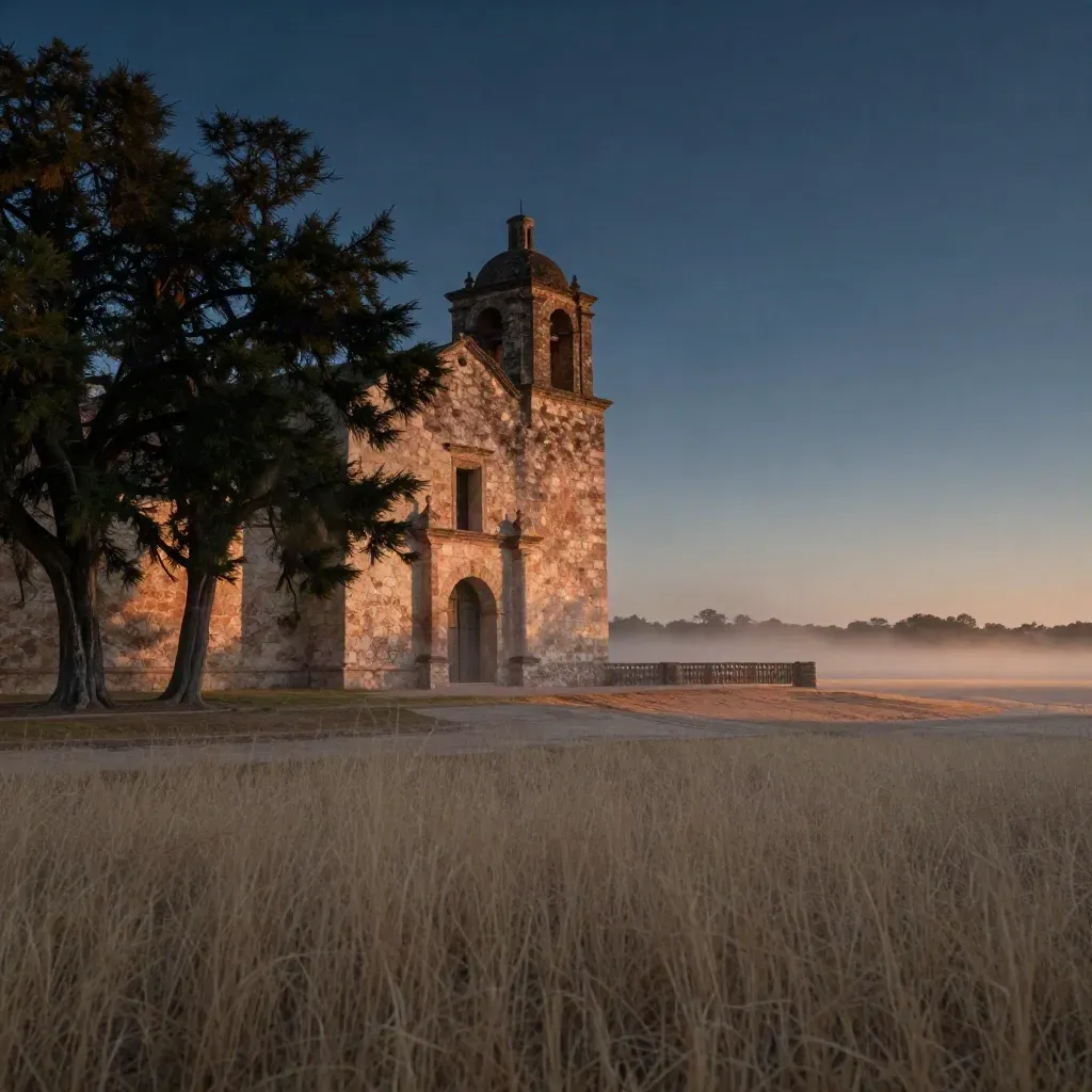 Stone mission at South Texas sunrise above a quiet plain and cypress haze