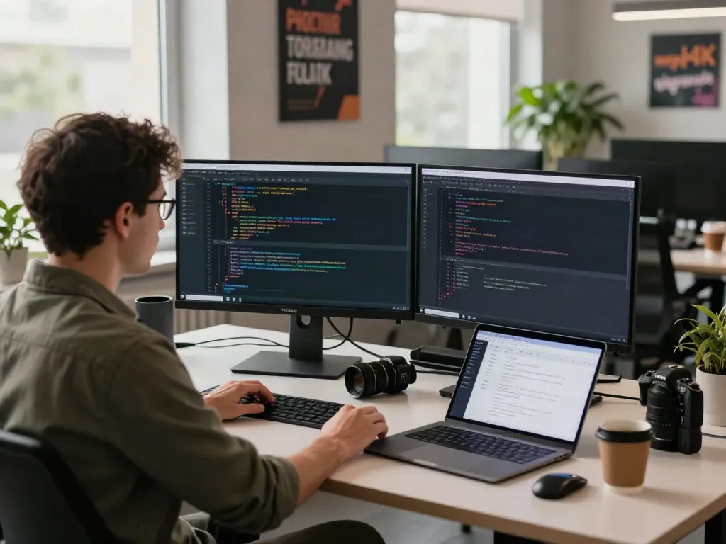 Developer coding with v2rayN on dual monitors in a modern workspace.