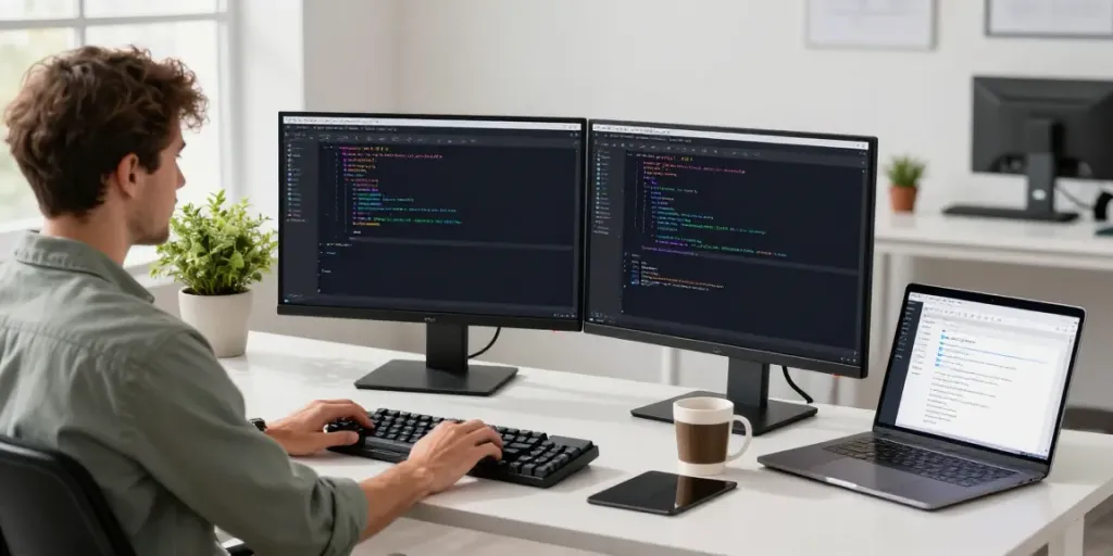 Developer working with Notepad++ in a modern office workspace with dual monitors featuring coding syntax.