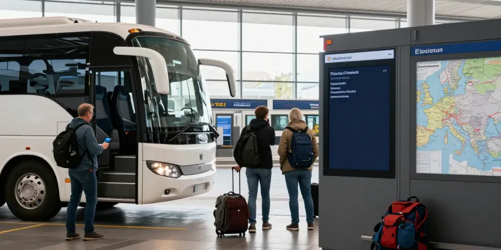 Curse regulate cu autocarul în Europa - terminal de autobuz vibrant cu pasageri și autocare moderne.