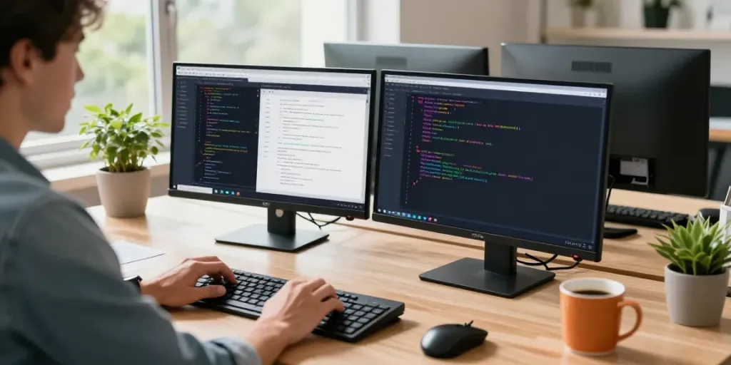 Developer coding in Notepad++ at a modern workspace with dual monitors