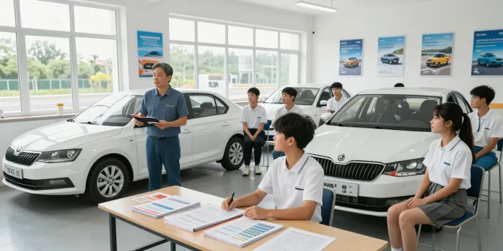 Scoala auto Chisinau students learning driving techniques in a modern classroom.